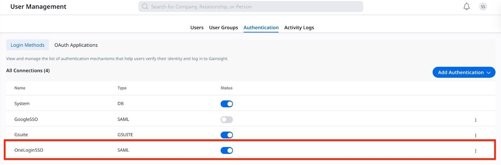 The newly added connection displays