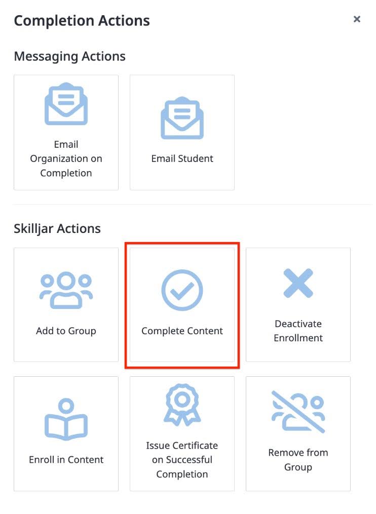 The image shows the list actions which can be performed after completion of content