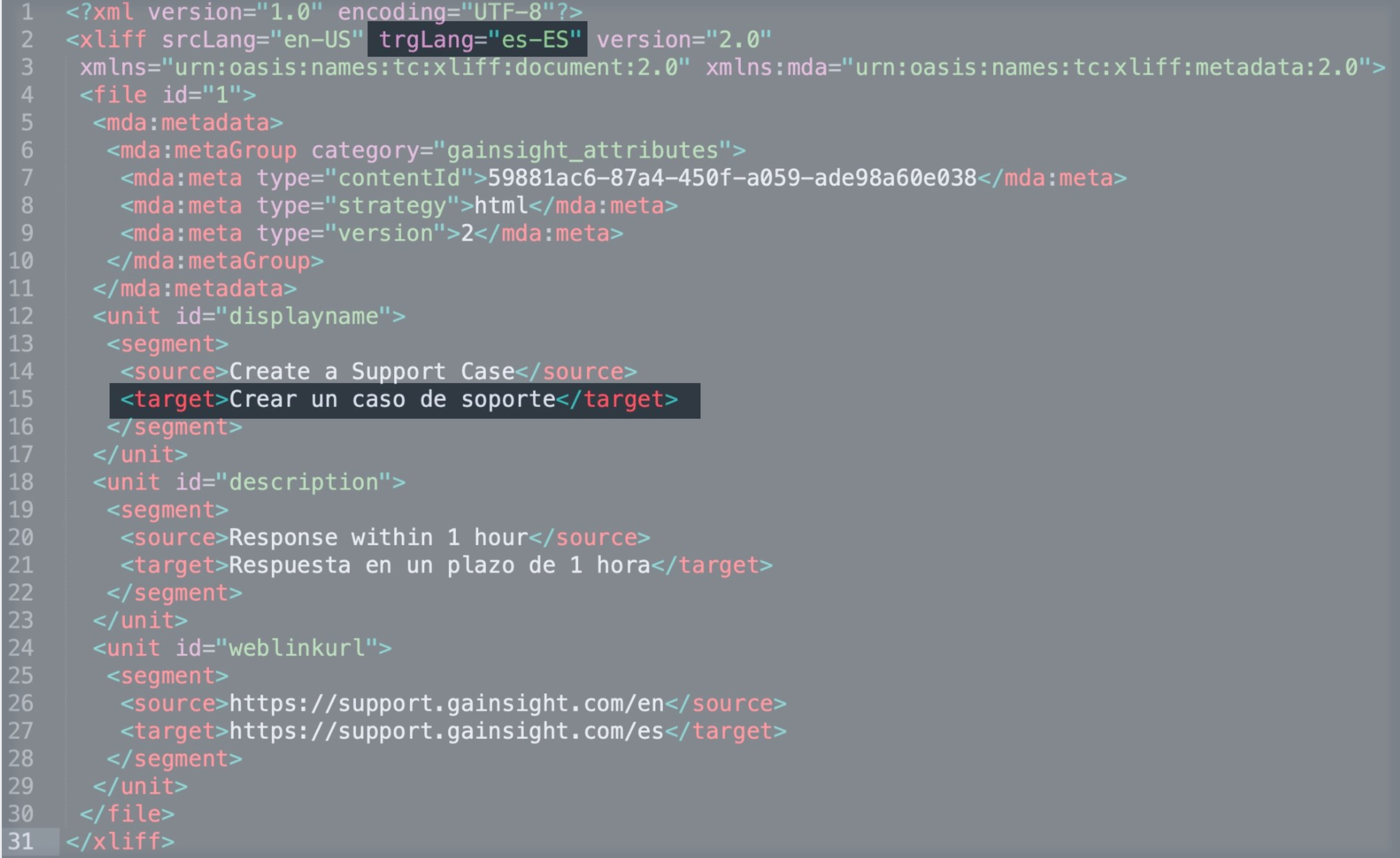 XLIFF export file containing both English <source> and Spanish <target> translations for phrases like 'Create a Support Case' and support URLs.