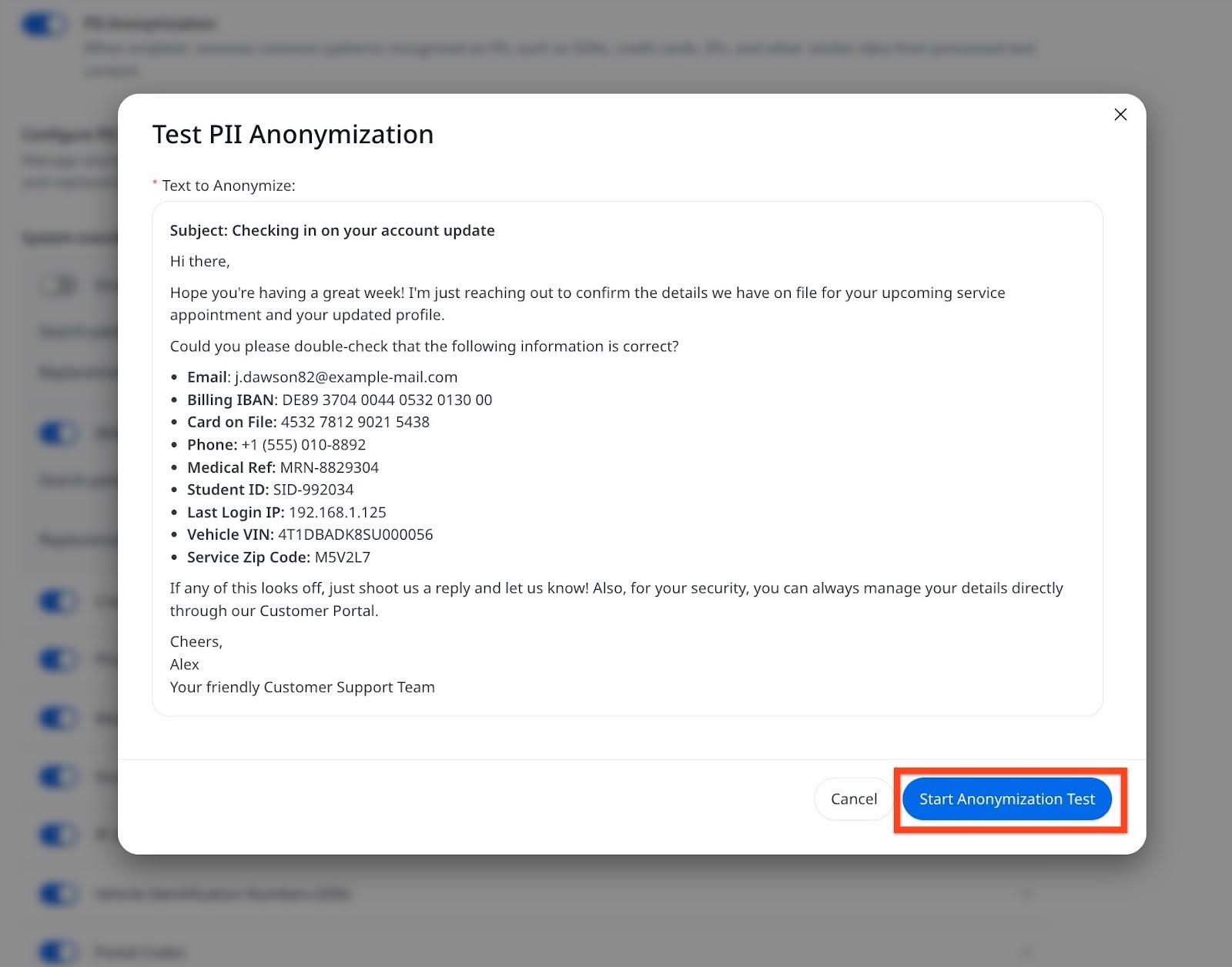 Test PII Anonymization dialog box.