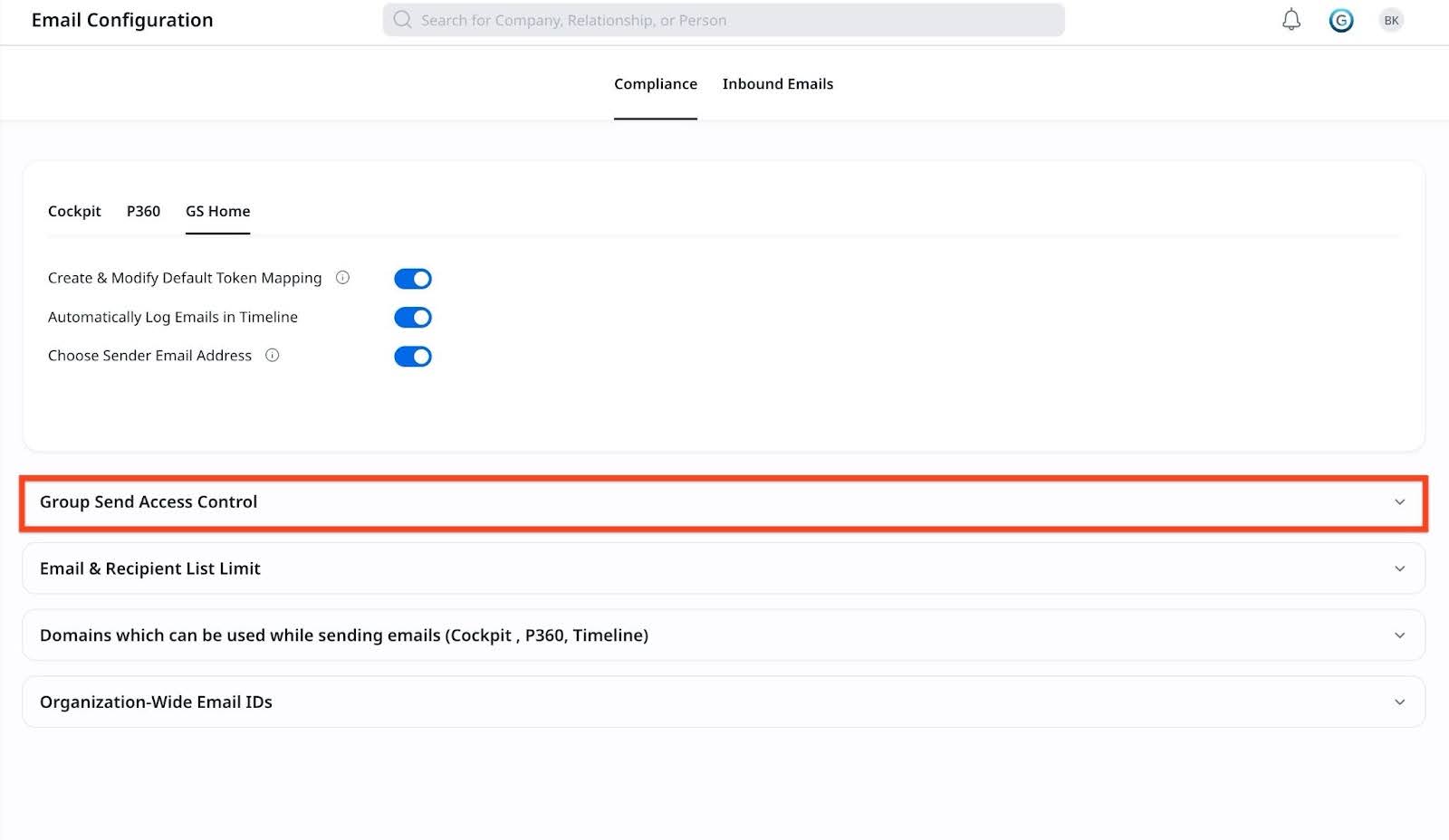 Group send access control option in compliance.