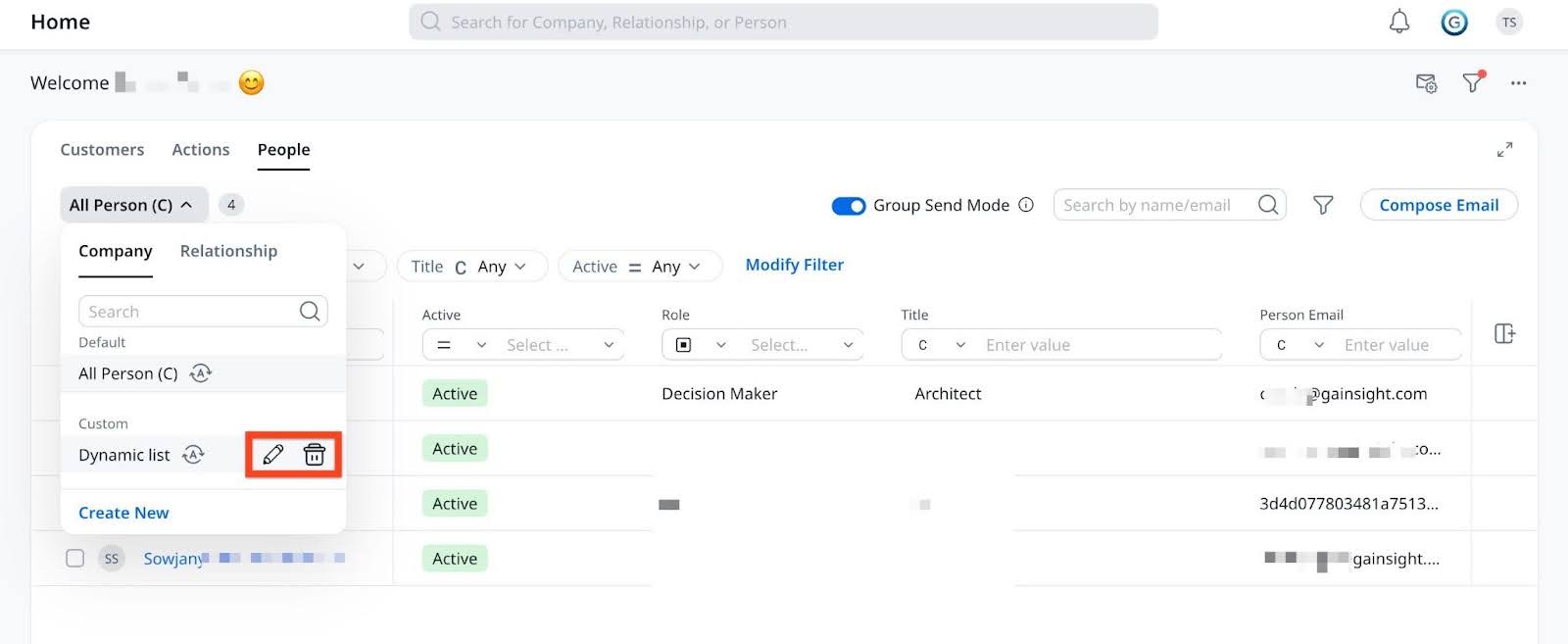 Edit or delete icon to edit or delete a list.