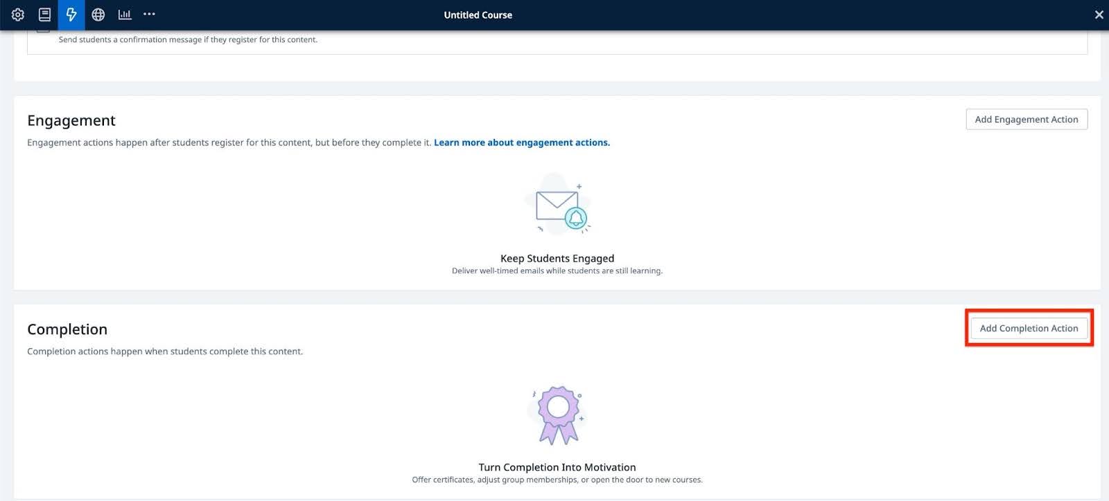 the image shows actions page with add completion button highlighted