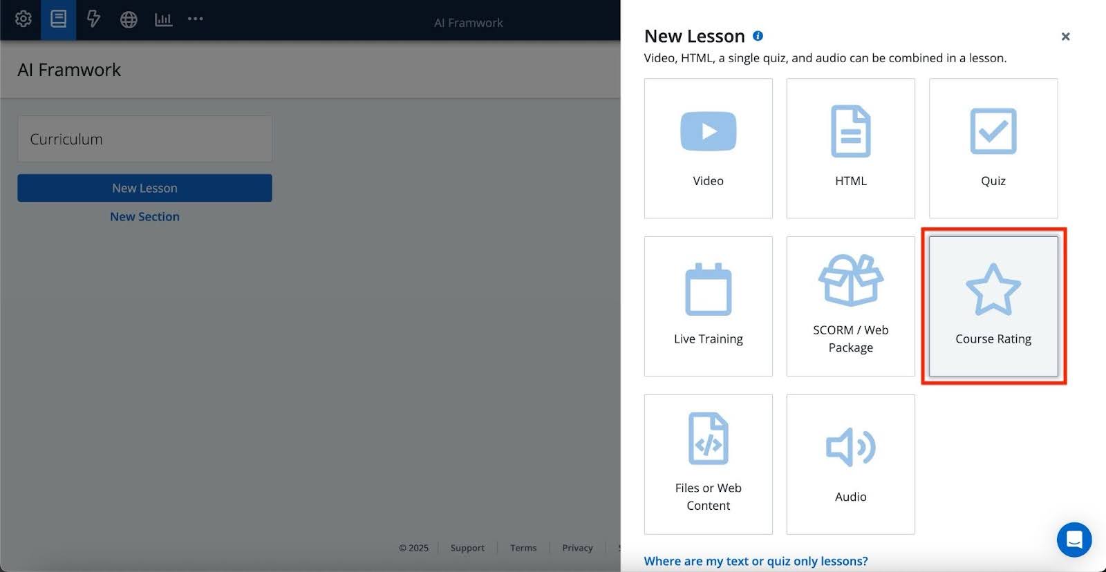 This image shows the New lesson slideout panel with course rating highlighted