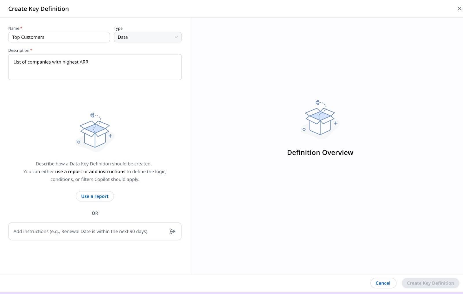 create a Data-type Key Definition by importing an existing report, eliminating the need to manually recreate filters and logic already defined in reports.
