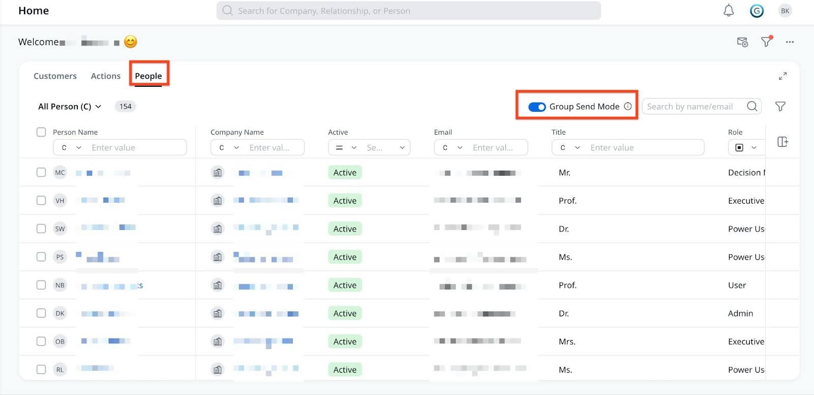 Group send mode toggle in the People tab.