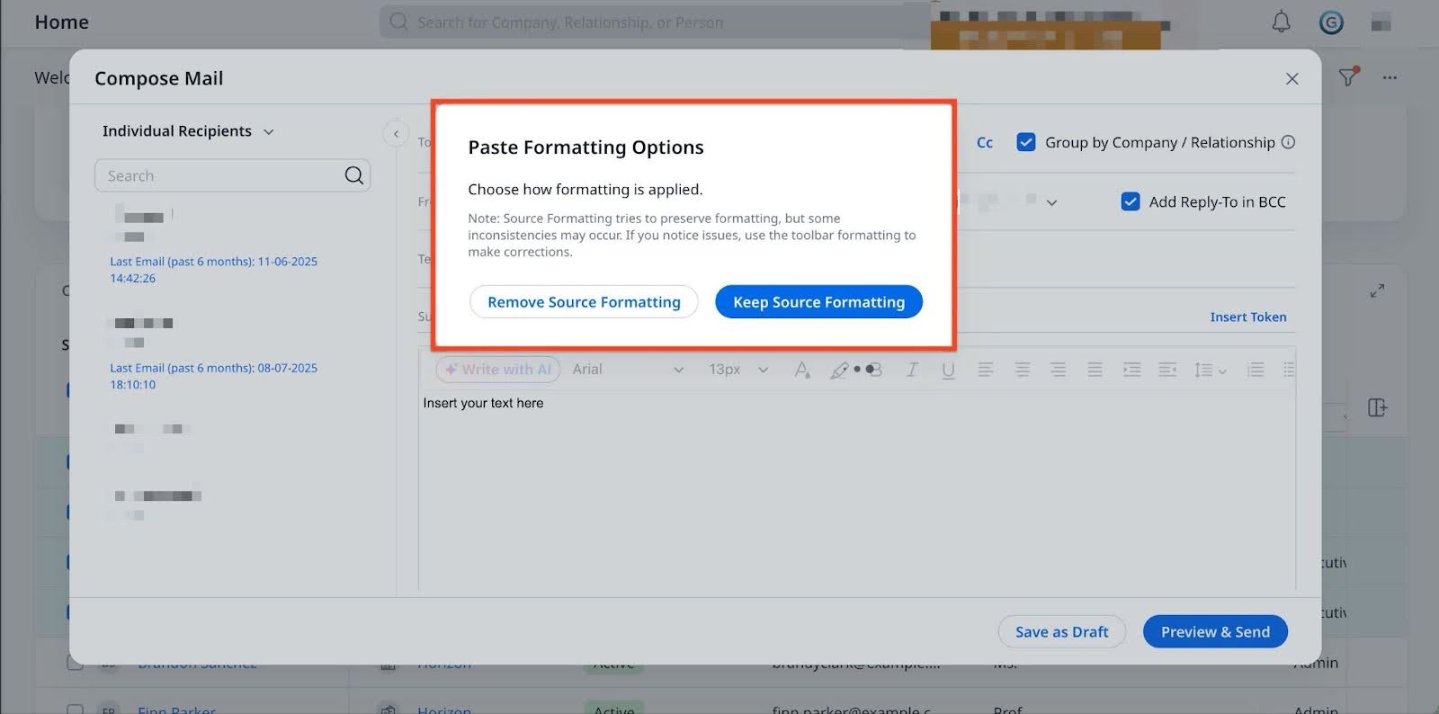 Paste formatting options dialog box with formatting options.