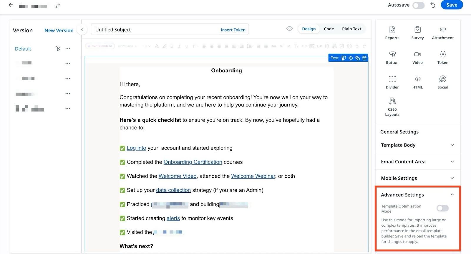 Advanced Settings with template Optimization Mode toggle.