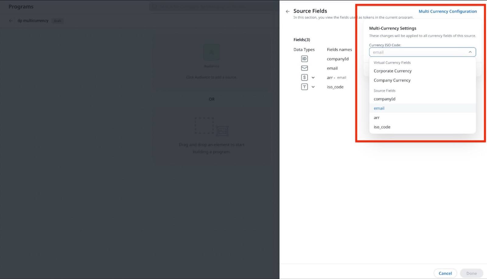The image shows multicurrency and its drop-down options in the source field fly-out panel.