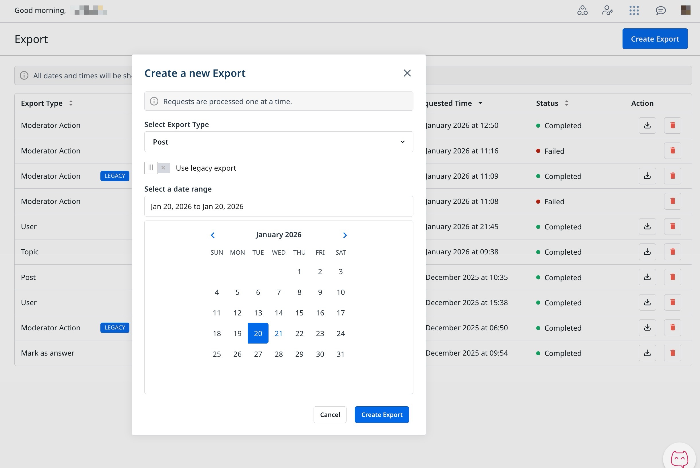 Create a new export modal showing export type selection and date range calendar in Gainsight.