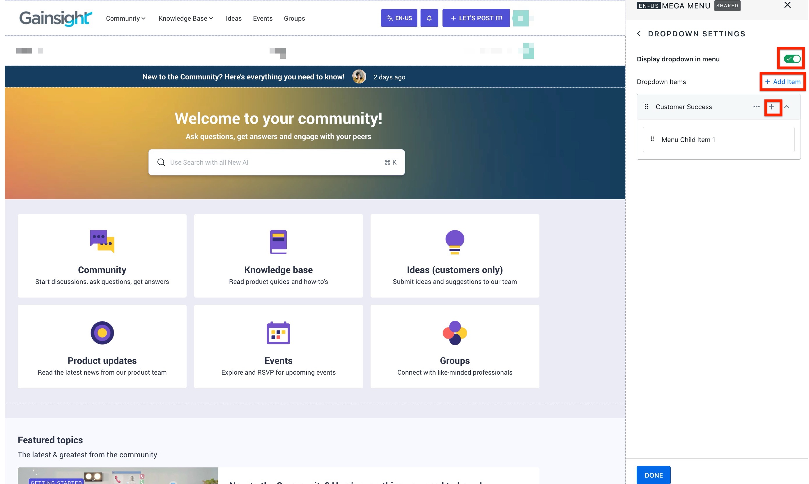 Mega Menu dropdown settings panel with Add Item option and display toggle enabled.