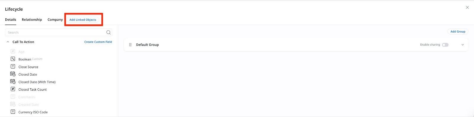 The Add Linked Objects configuration screen opens