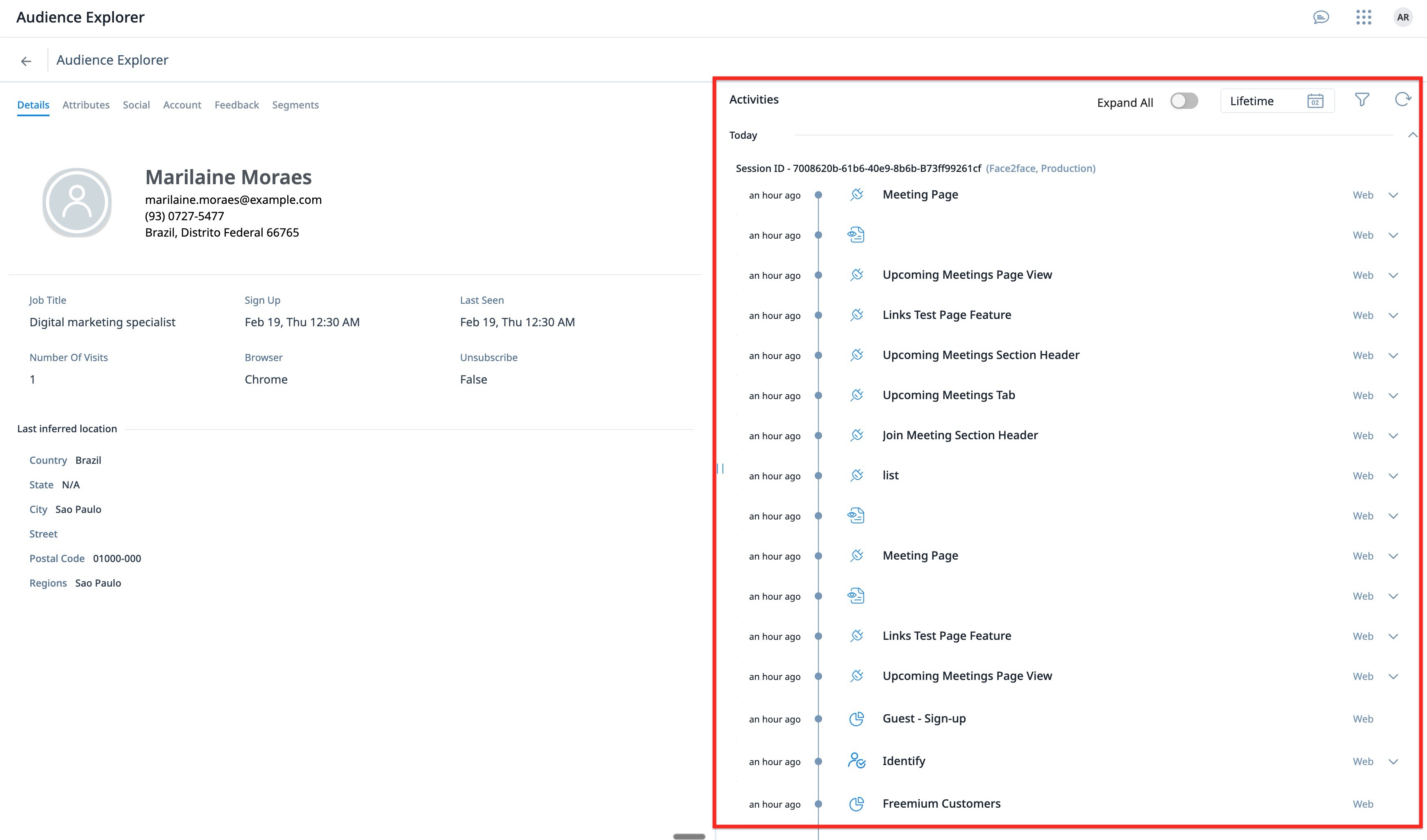 Audience Explorer user profile showing user details on the left and an expanded Activities timeline on the right with recent web events such as Meeting Page, Upcoming Meetings Page View, Identify, and Guest Sign-up.