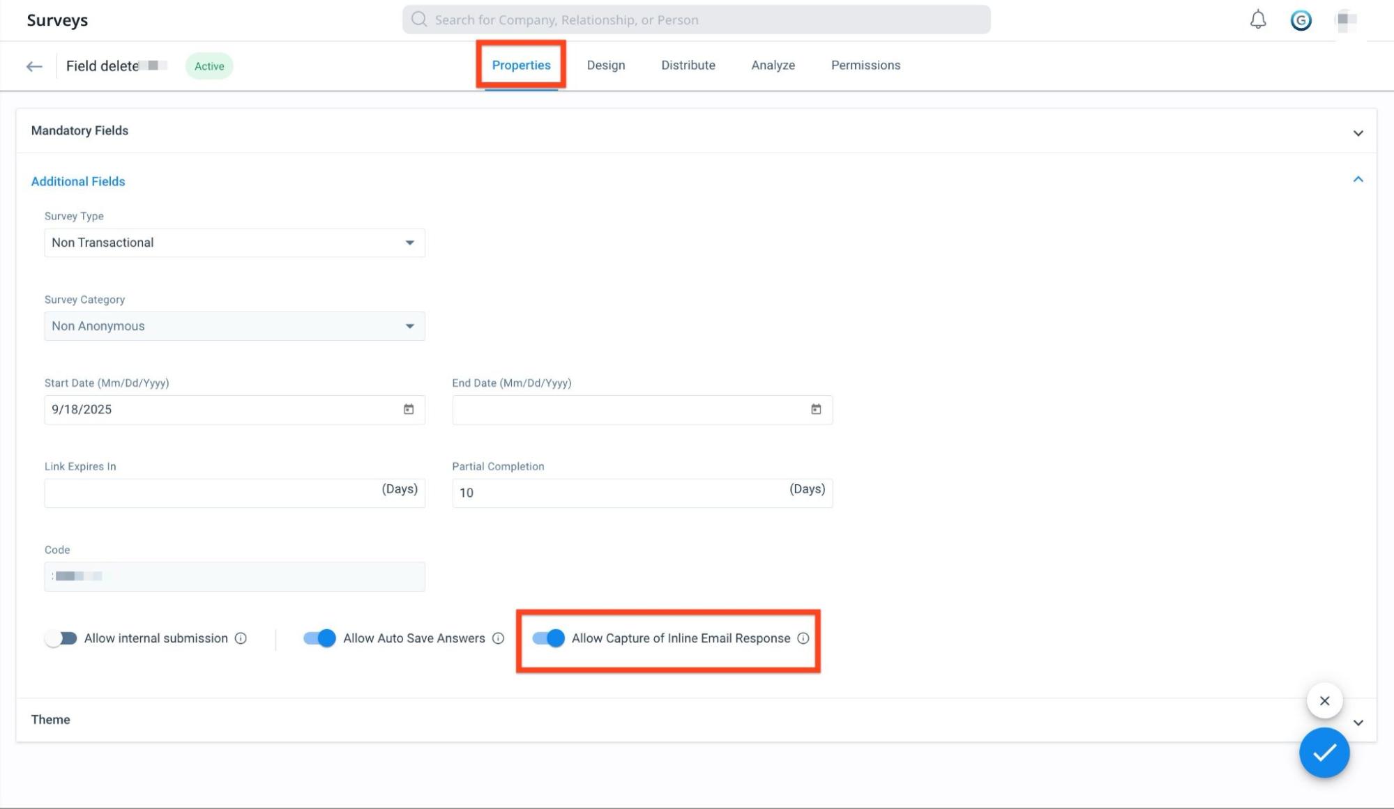 Allow capture of Inline Email Response toggle in Surveys Properties