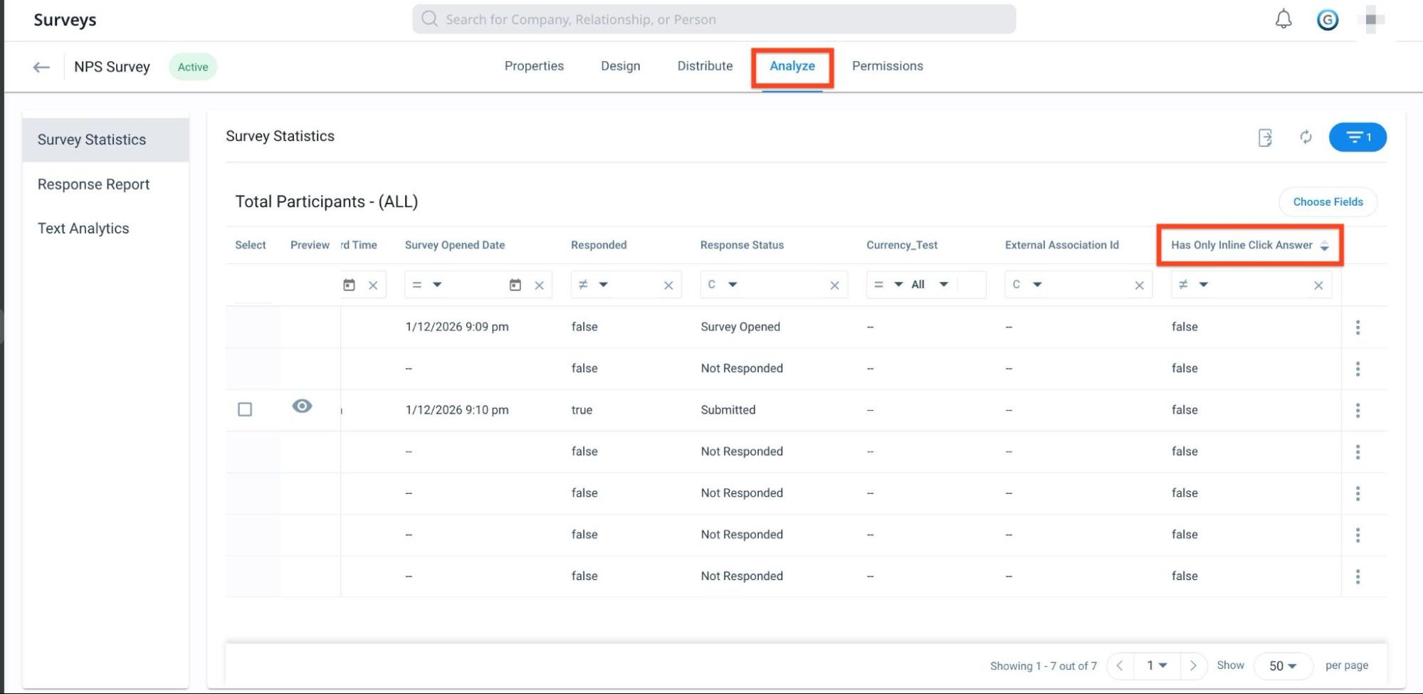 Has only Inline Click Answer column in in Surveys Analyze