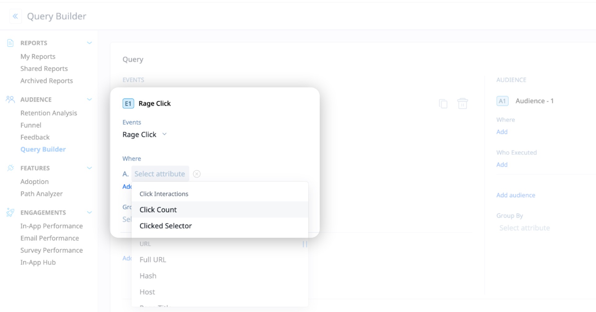 Query Builder screen showing Rage Click event with attribute dropdown open, including options like Click Count and Clicked Selector.