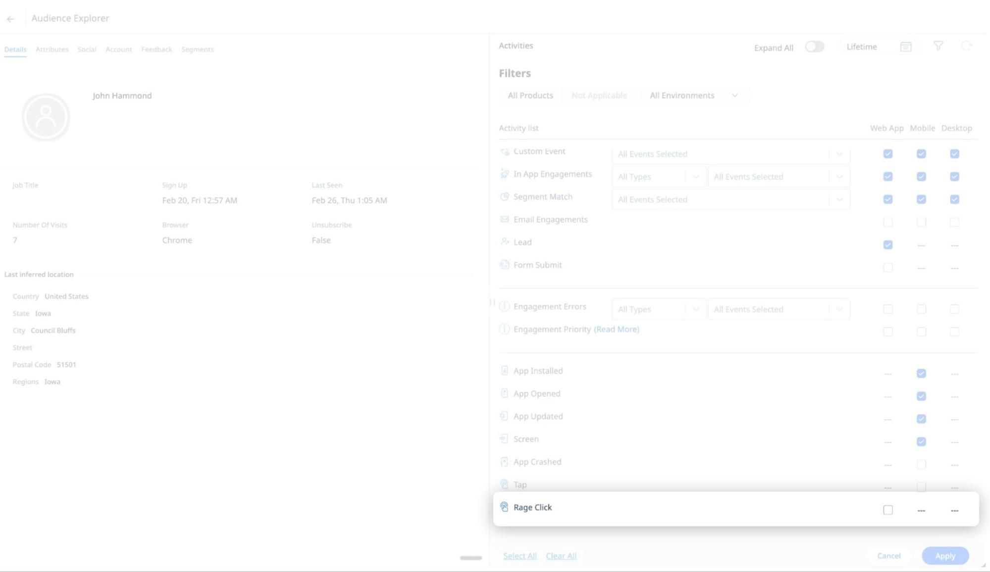 Audience Explorer Activities tab showing Filters panel with event types and channel checkboxes, highlighting Rage Click in the activity list.