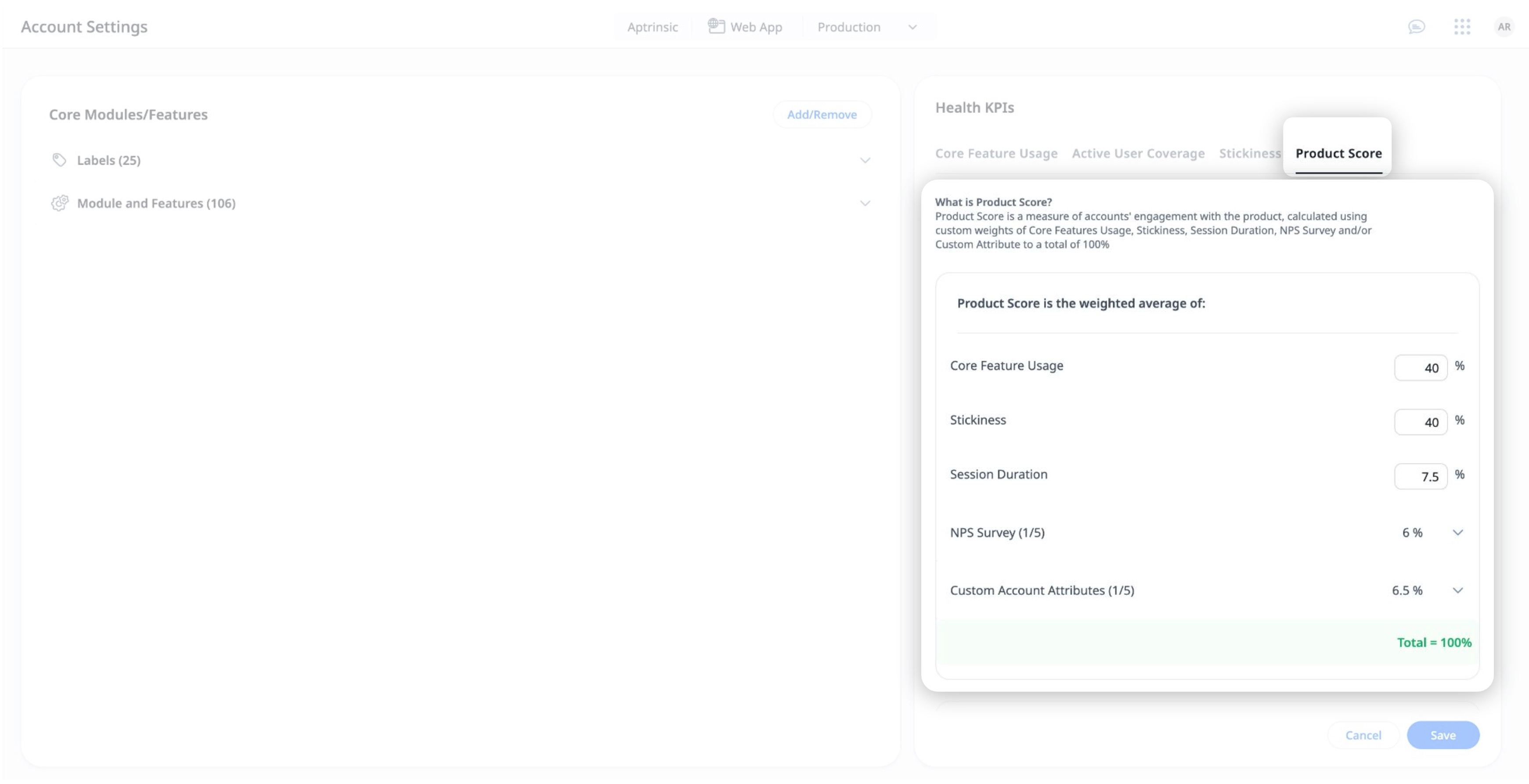 Account Settings page displaying Product Score configuration with weighted metrics such as Core Feature Usage, Stickiness, Session Duration, NPS Survey, and Custom Attributes totaling 100%.
