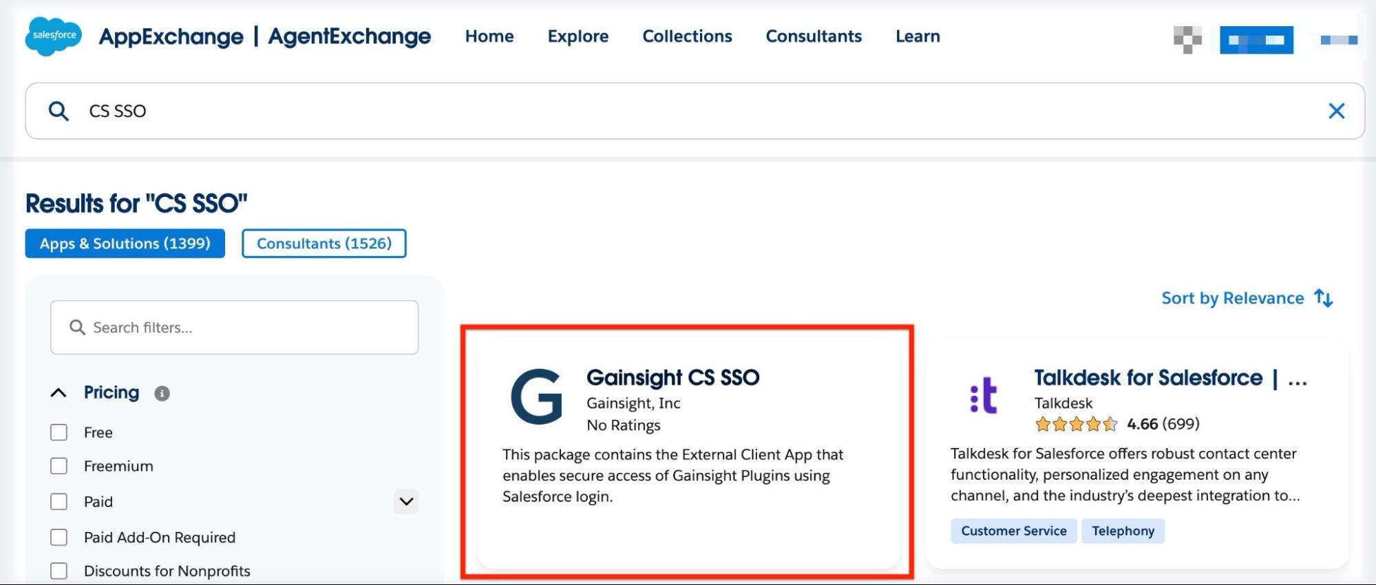 Salesforce AppExchange search results for CS SSO highlighting the Gainsight CS SSO app card with description for secure Salesforce login access.