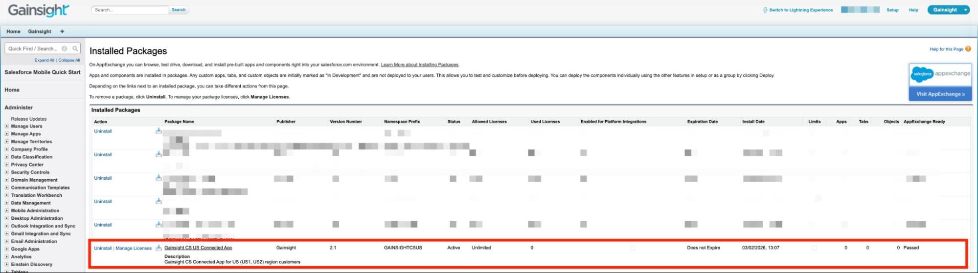 Salesforce Installed Packages page listing Gainsight CS US Connected App with version 2.1, active status, license details, and installation information.