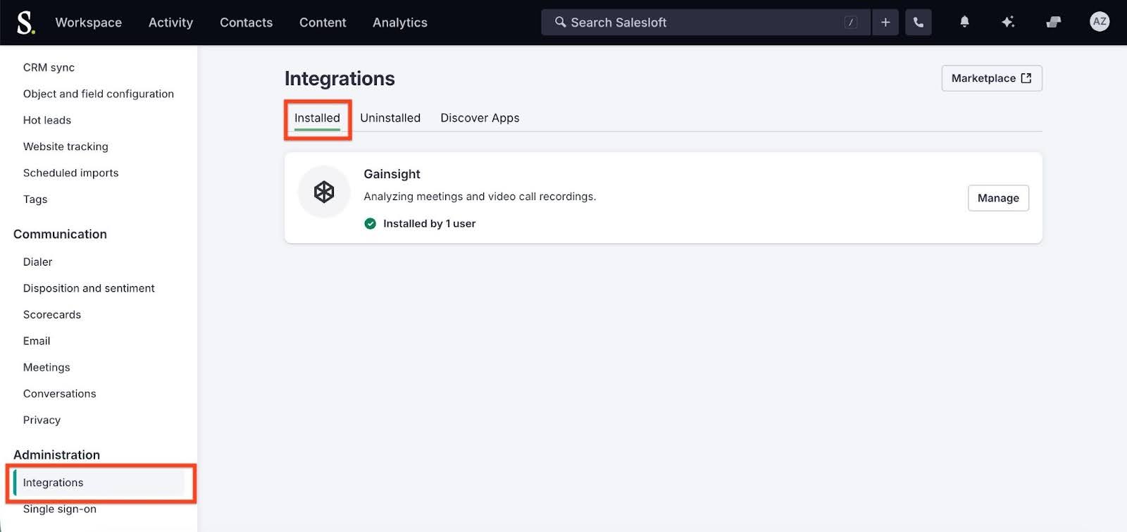 Integration settings page in salesloft.