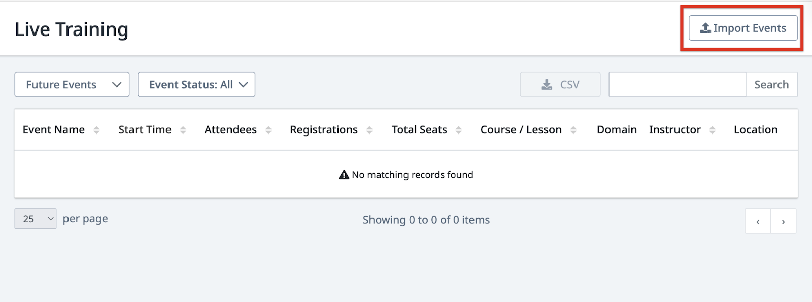 Import button on Live training 