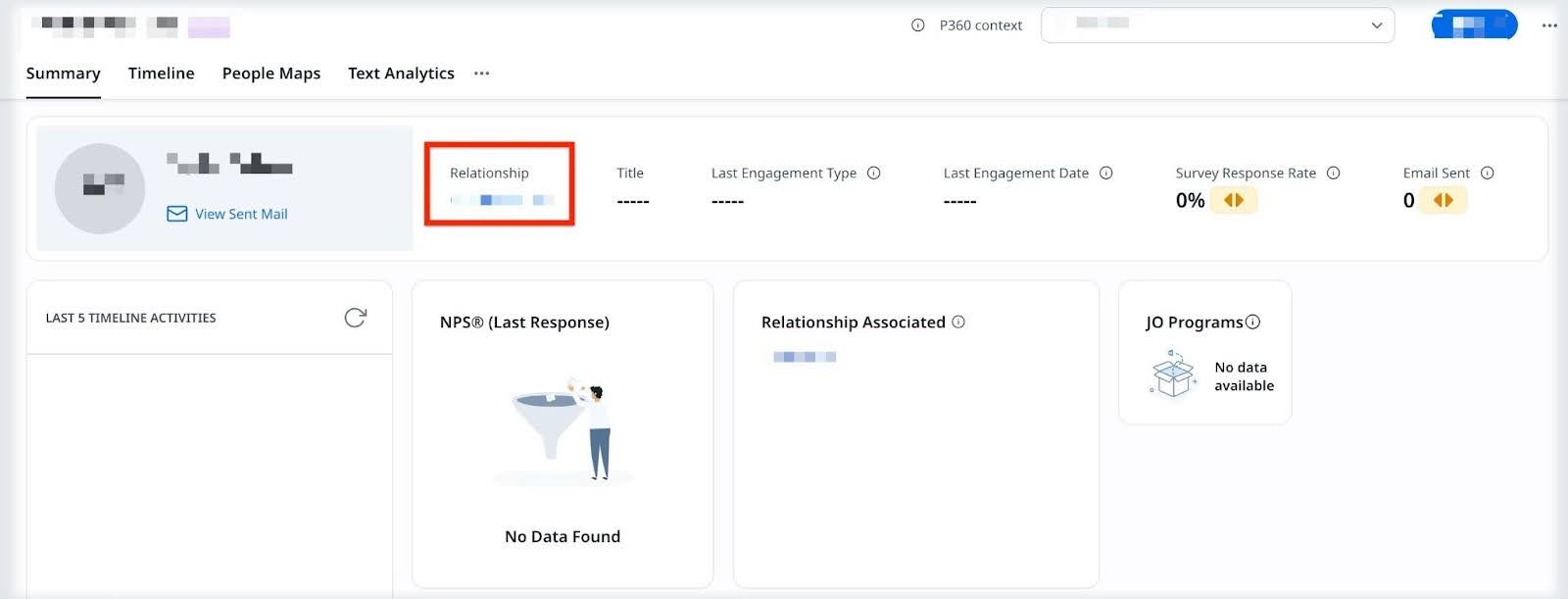 Gainsight summary page displaying relationship field with engagement details, survey response rate, email metrics, and associated relationship information.