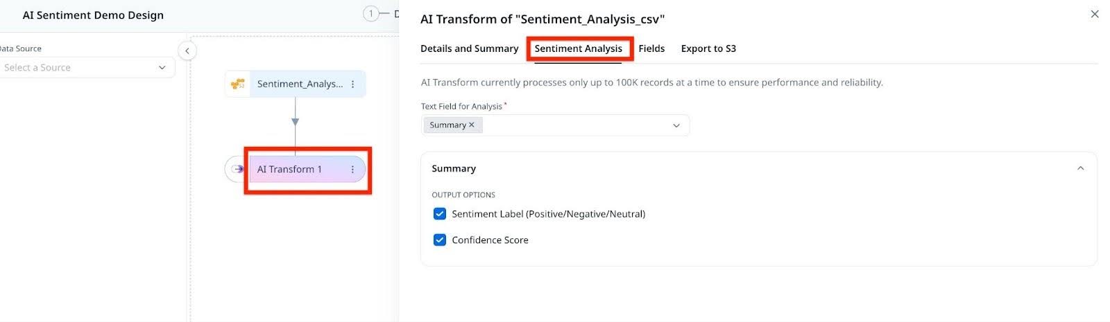 AI Transform setup showing Sentiment Analysis tab with sentiment label and confidence score options.