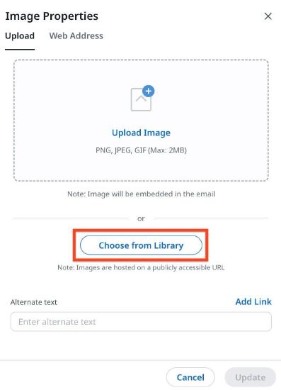 Choose from Library option in Image Properties Upload tab
