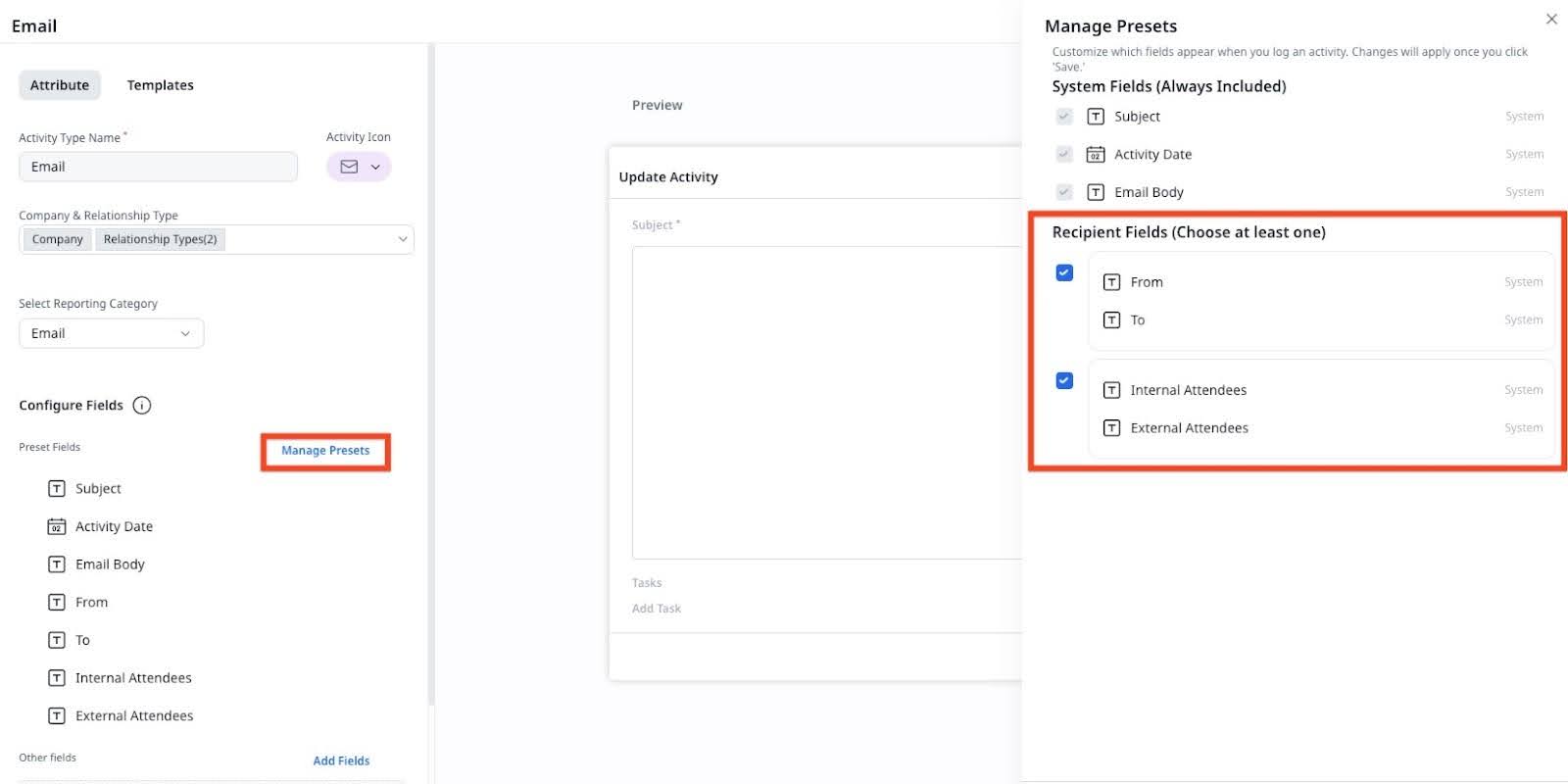 Manage Presets option in Email activity type configuration