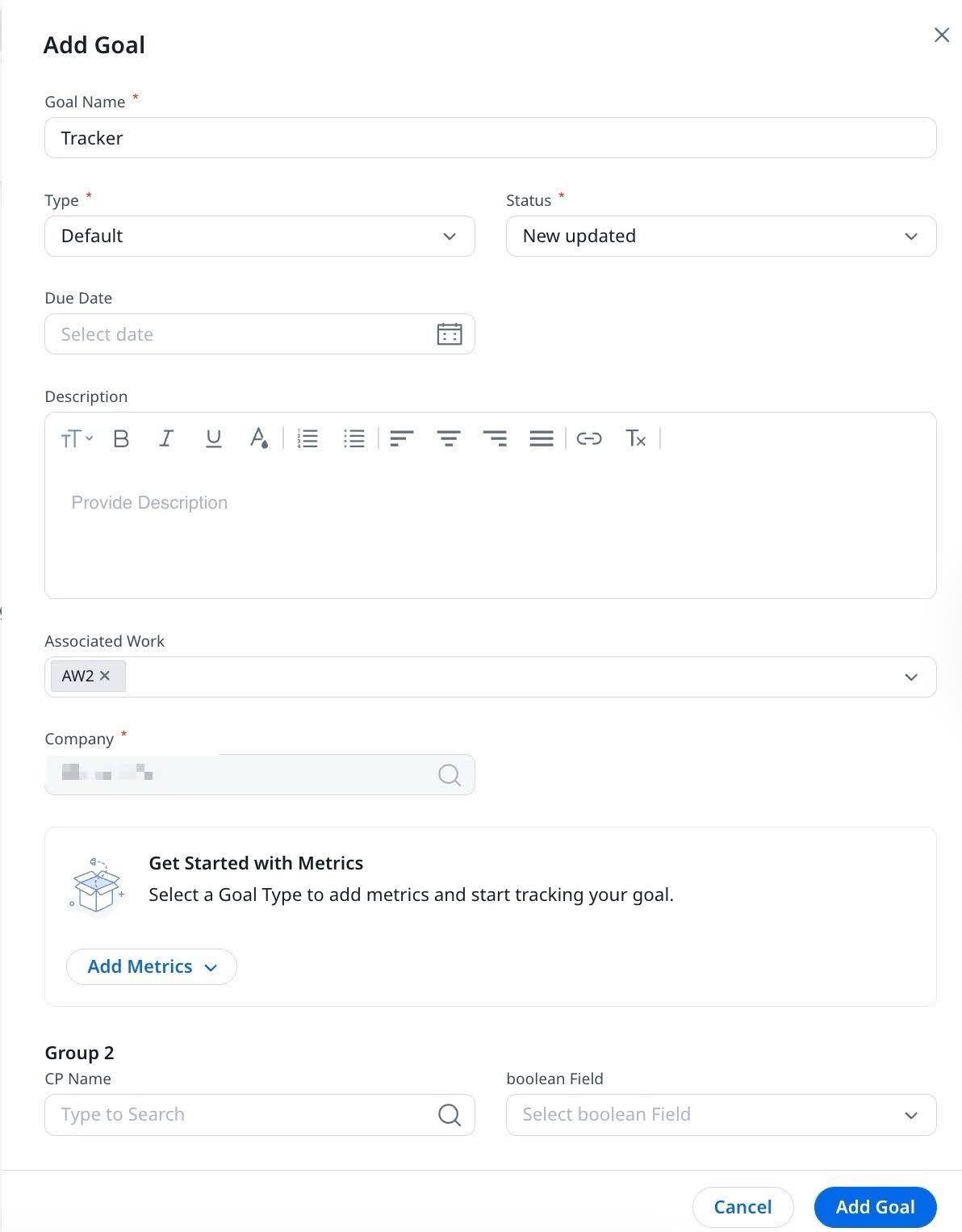 admin has selected Show All Fields on Goal Creation Page in Attributes & Settings