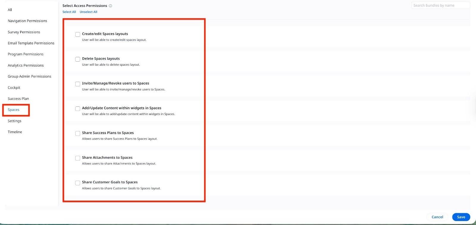 set permissions, as well as allow certain permissions for CSMs to work with widgets and layouts in Spaces
