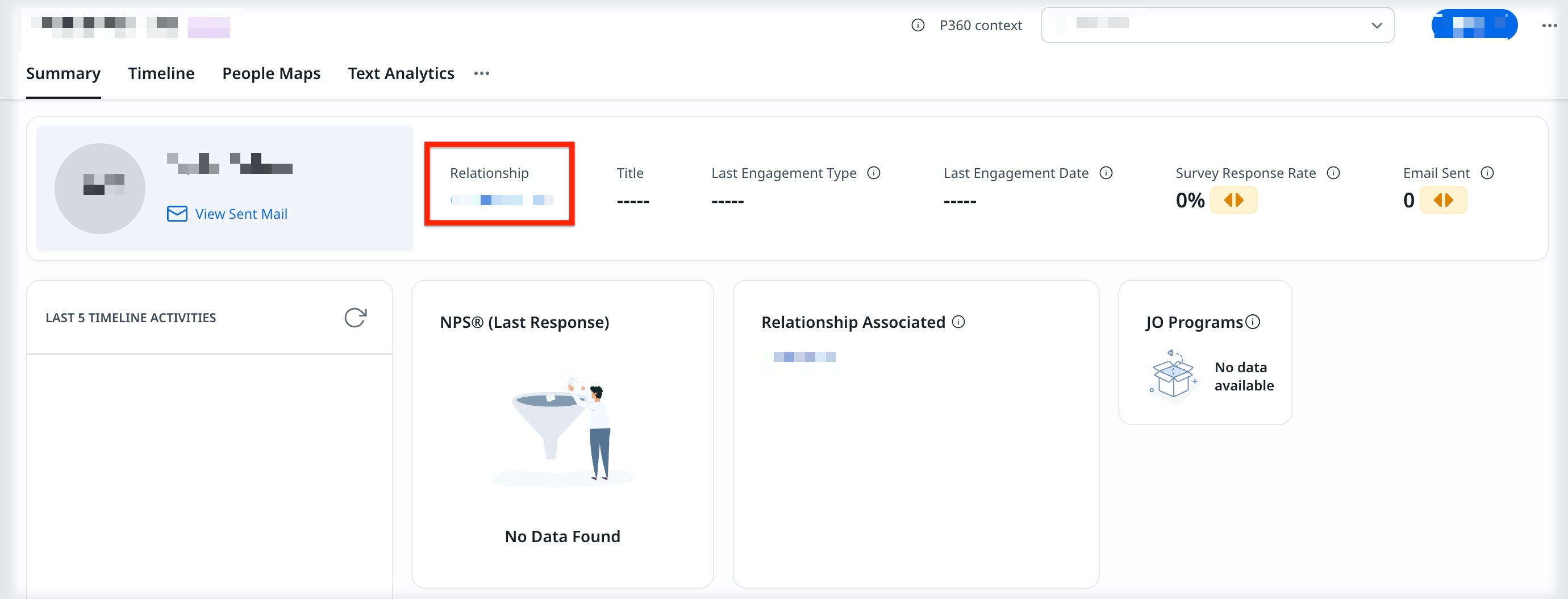 Gainsight summary page displaying relationship field with engagement details, survey response rate, email metrics, and associated relationship information.