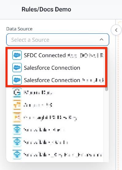 Data Source dropdown in Rules Engine Data Setup showing multiple authenticated Salesforce connections available for selection.