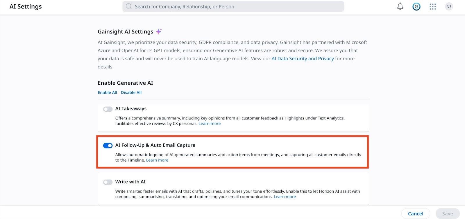 AI Follow-Up & Auto Email Capture toggle