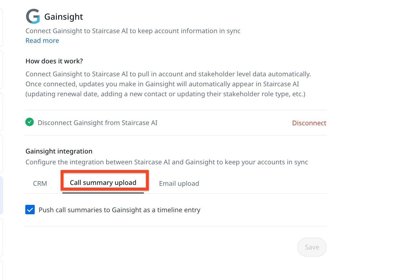 Call summary upload tab in Gainsight.