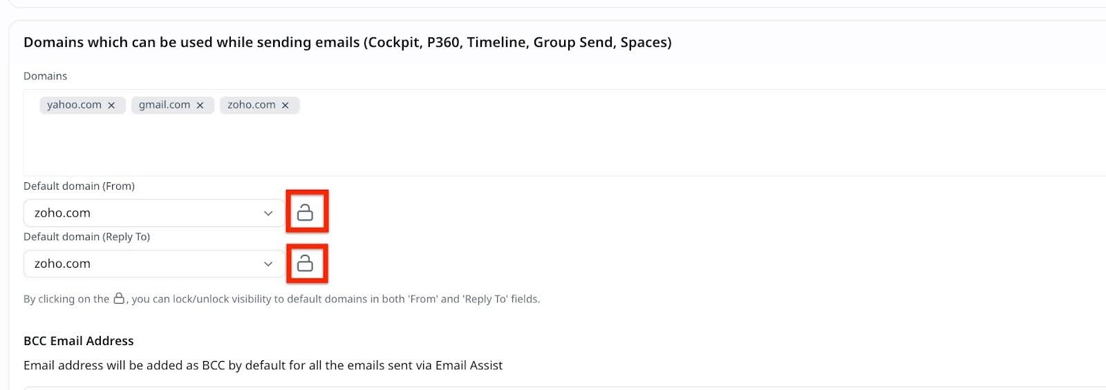 Domains which can be used while sending emails (Cockpit , P360, Timeline, Group Send, and Spaces) section with lock icon