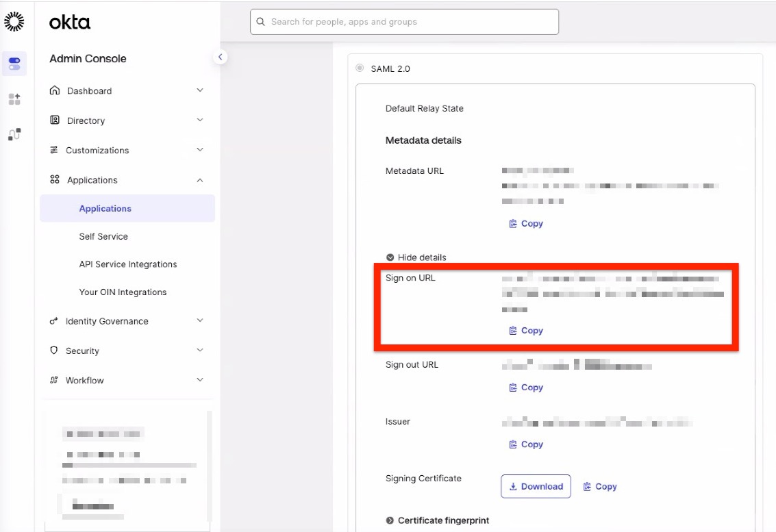 Okta Admin Console SAML settings showing Sign on URL, metadata details, issuer, and certificate options for configuring single sign-on integration.