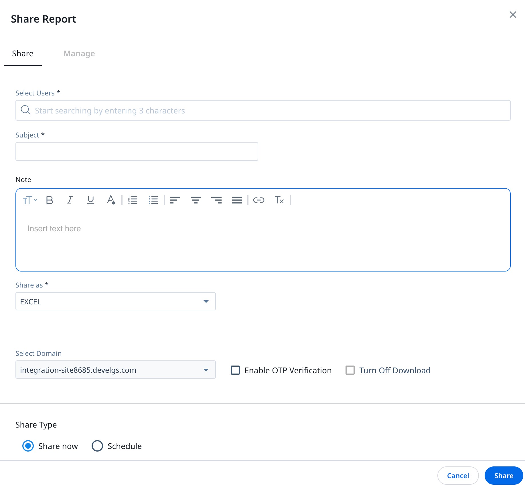 Share Report window with user selection, subject, note editor, Excel format option, domain selection, OTP verification, and share now or schedule settings.