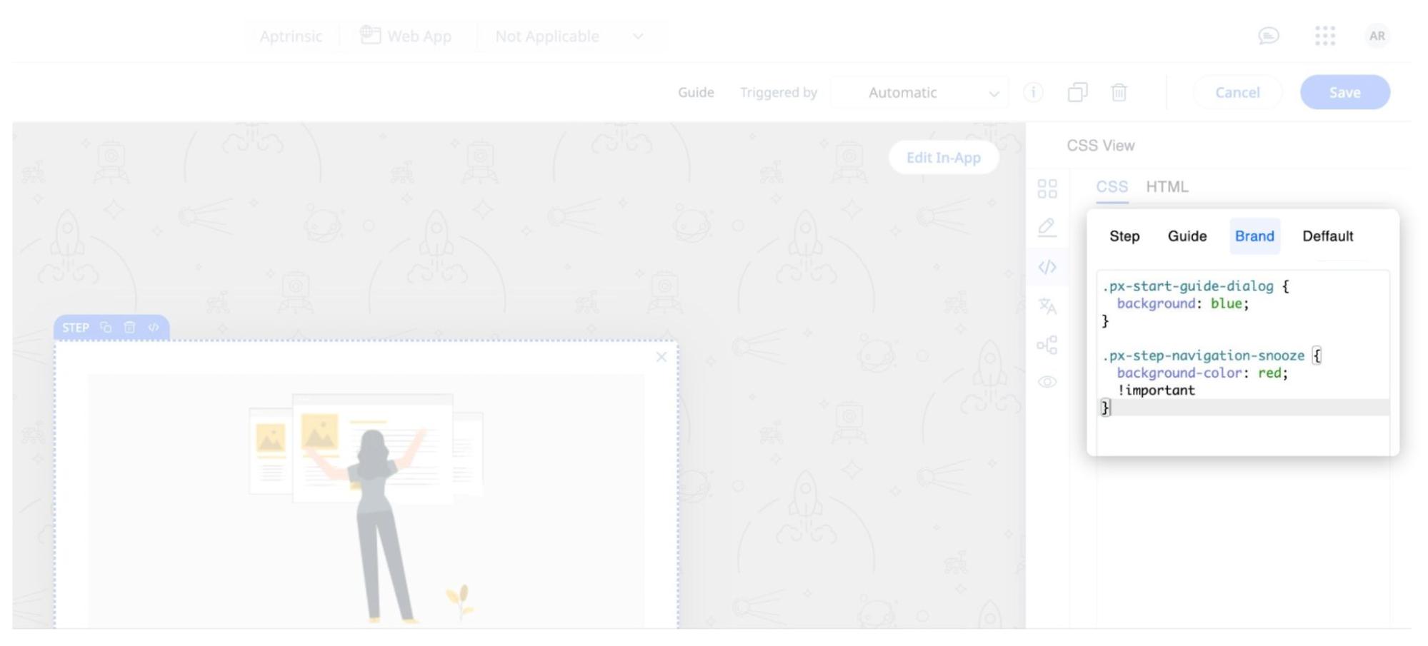 Engagement editor with CSS View panel showing custom CSS applied to guide components under Brand styling.