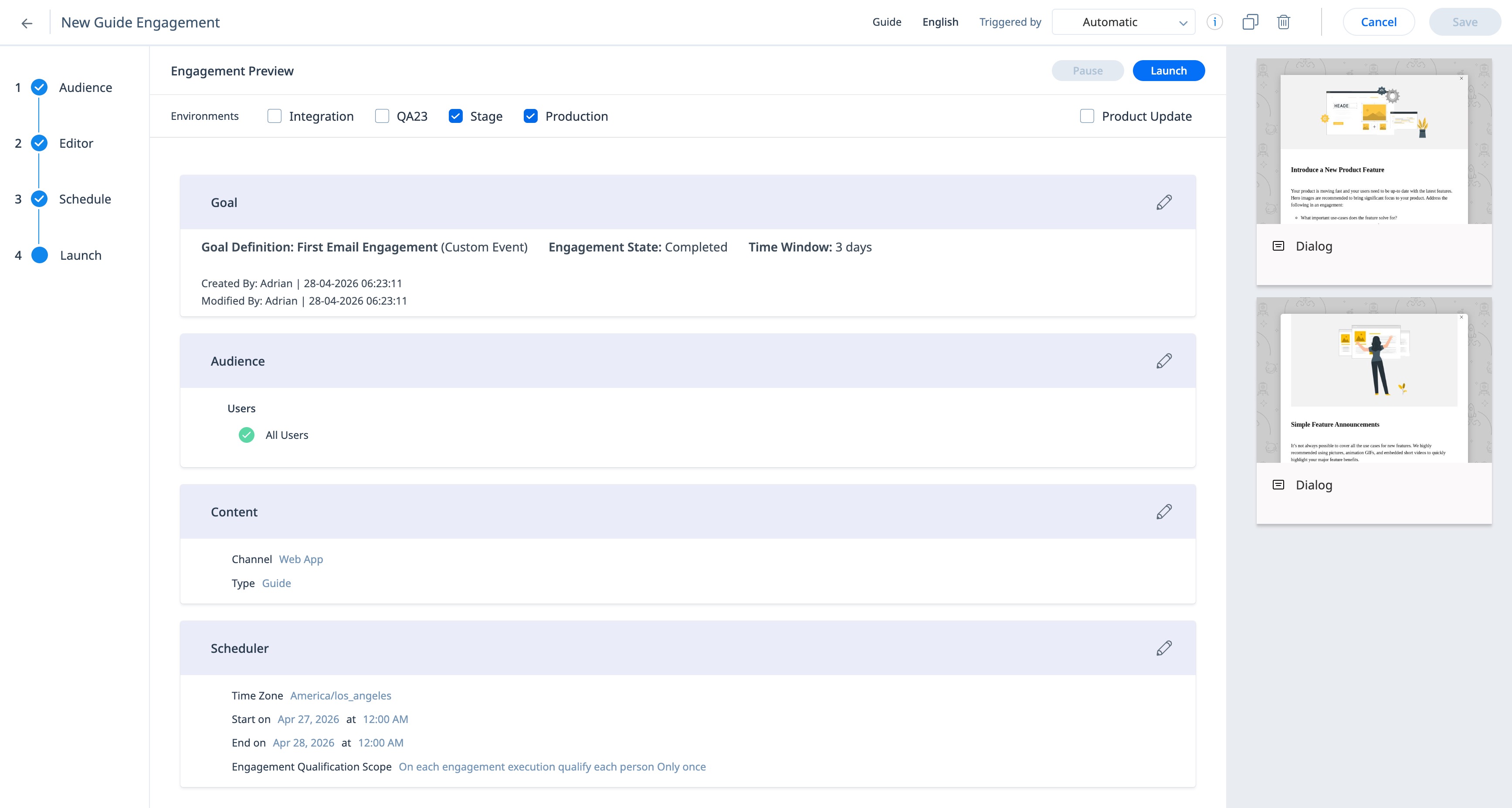 Engagement Launch step showing preview, environments, goal summary, audience, content, and scheduler details before launching a guide.