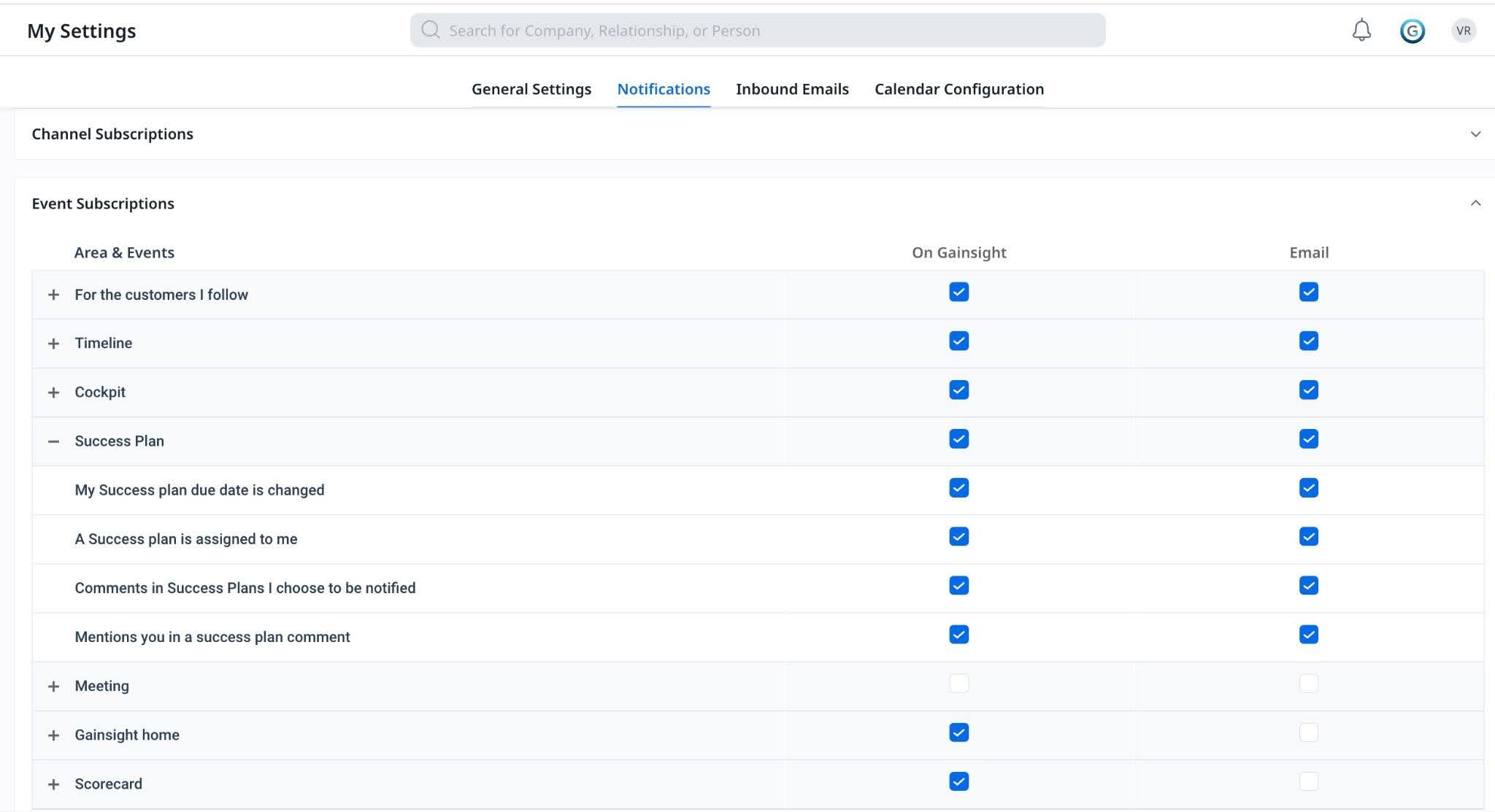 In the Event Subscriptions section, expand the Success Plan section