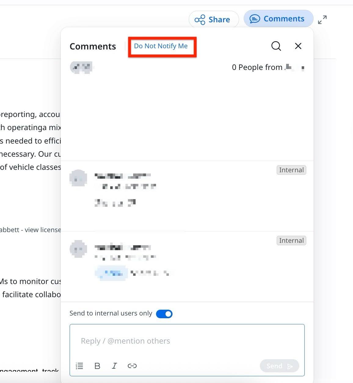 Company Persons can change notifications settings from the Comments sectio