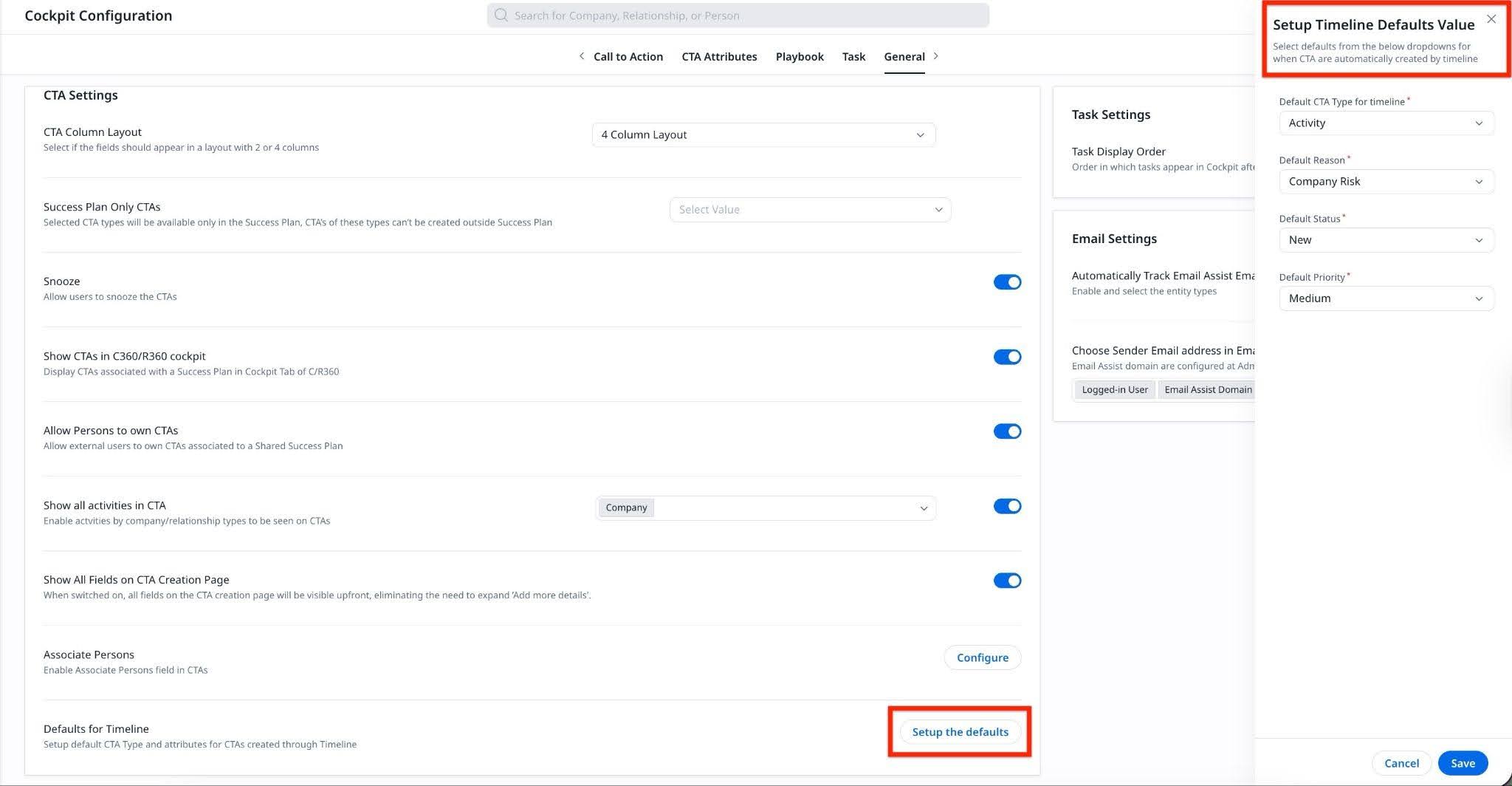 selected values are applied automatically when CTAs are created from Timeline