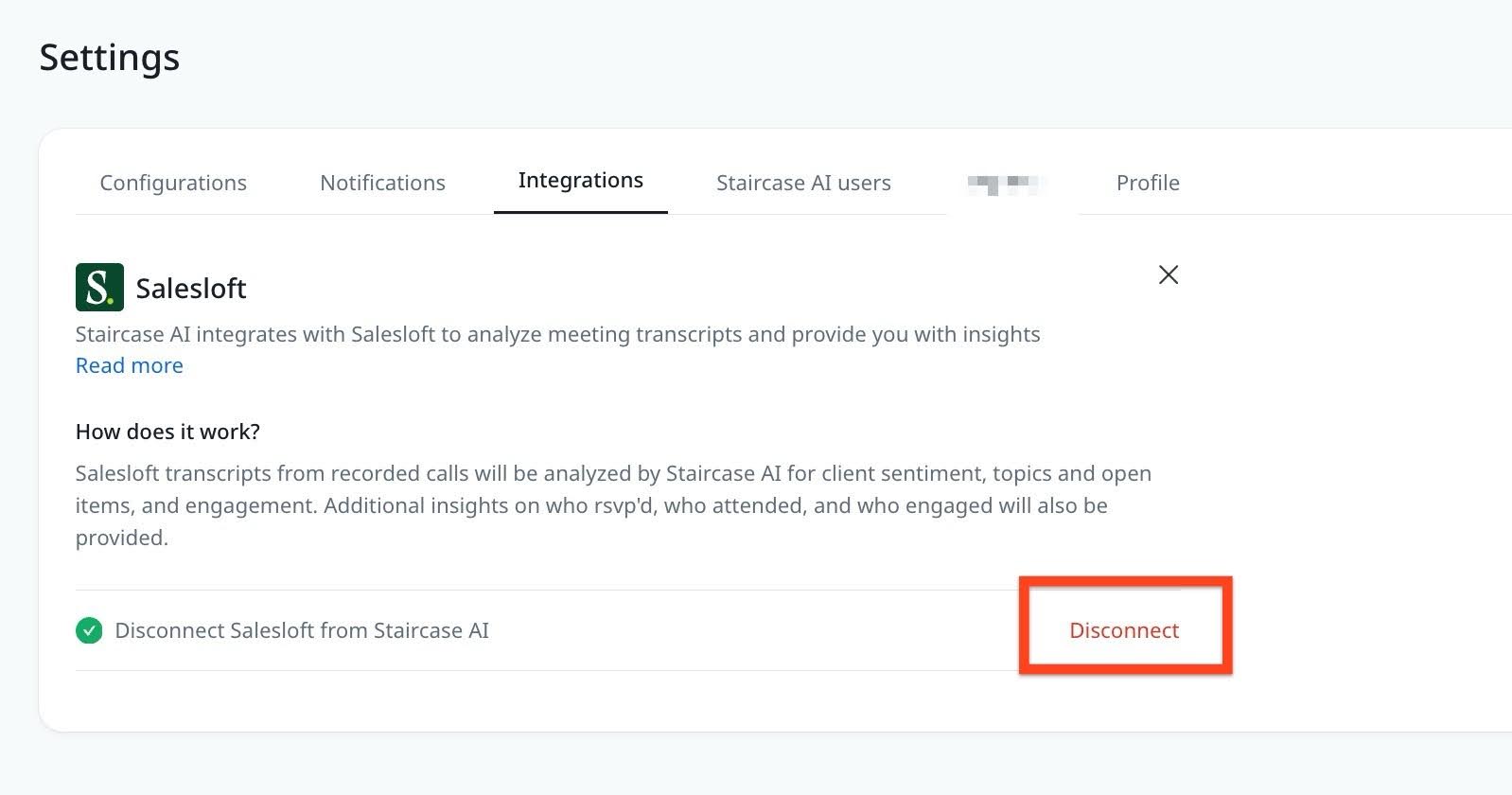 Disconnect option in Salesloft integration.