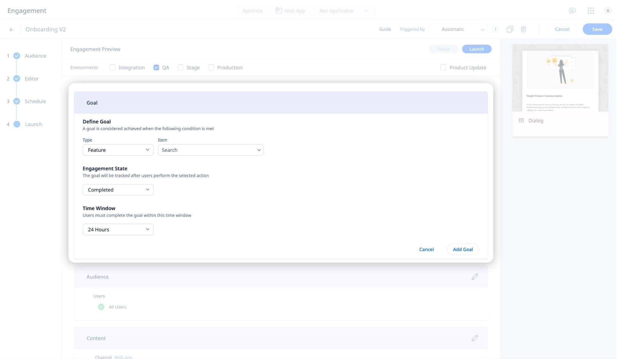 Guide engagement goal configuration showing goal type, tracked item, engagement state, and completion time window settings.