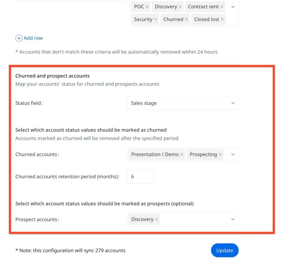 value for the Churned accounts retention period in months
