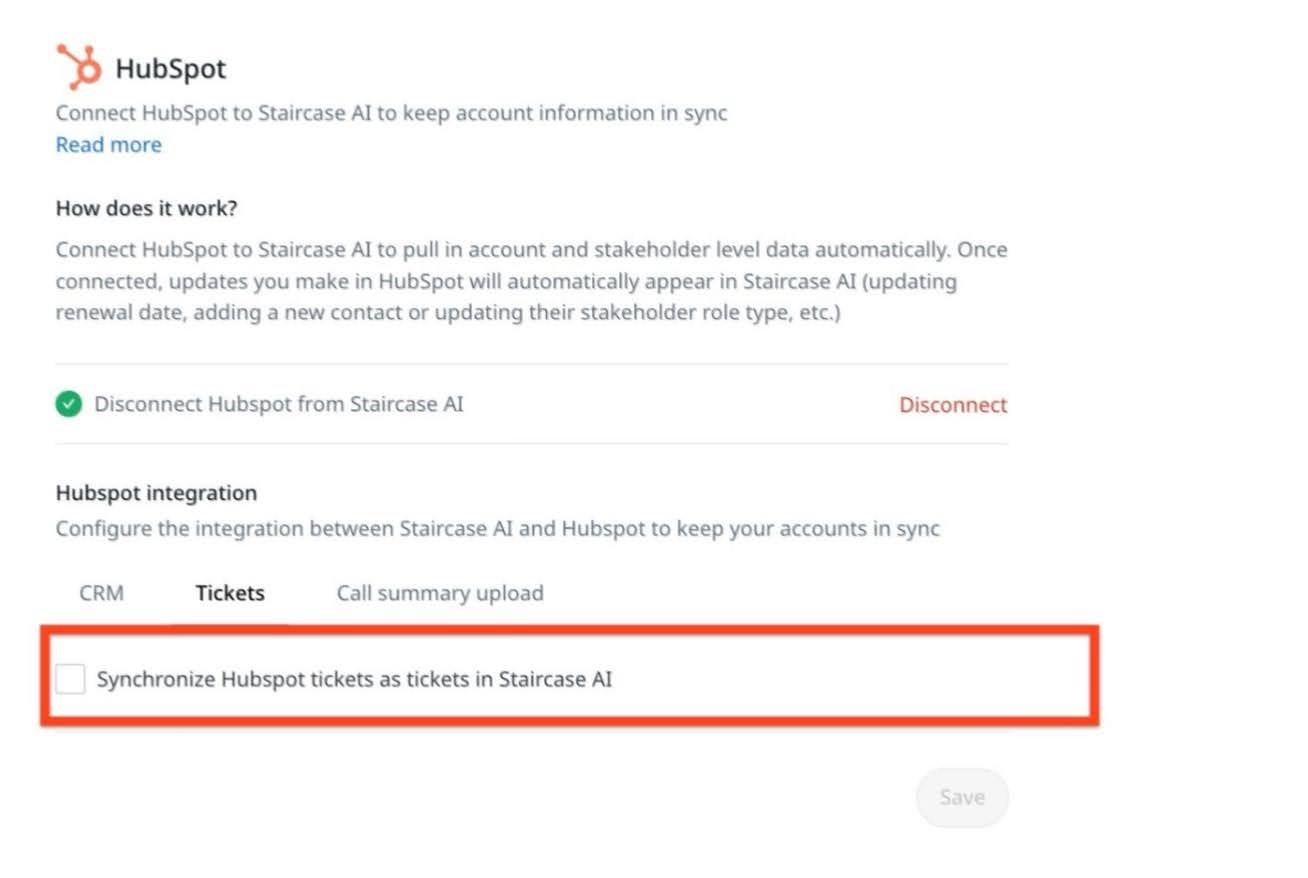 sync HubSpot tickets as tickets in Staircase AI