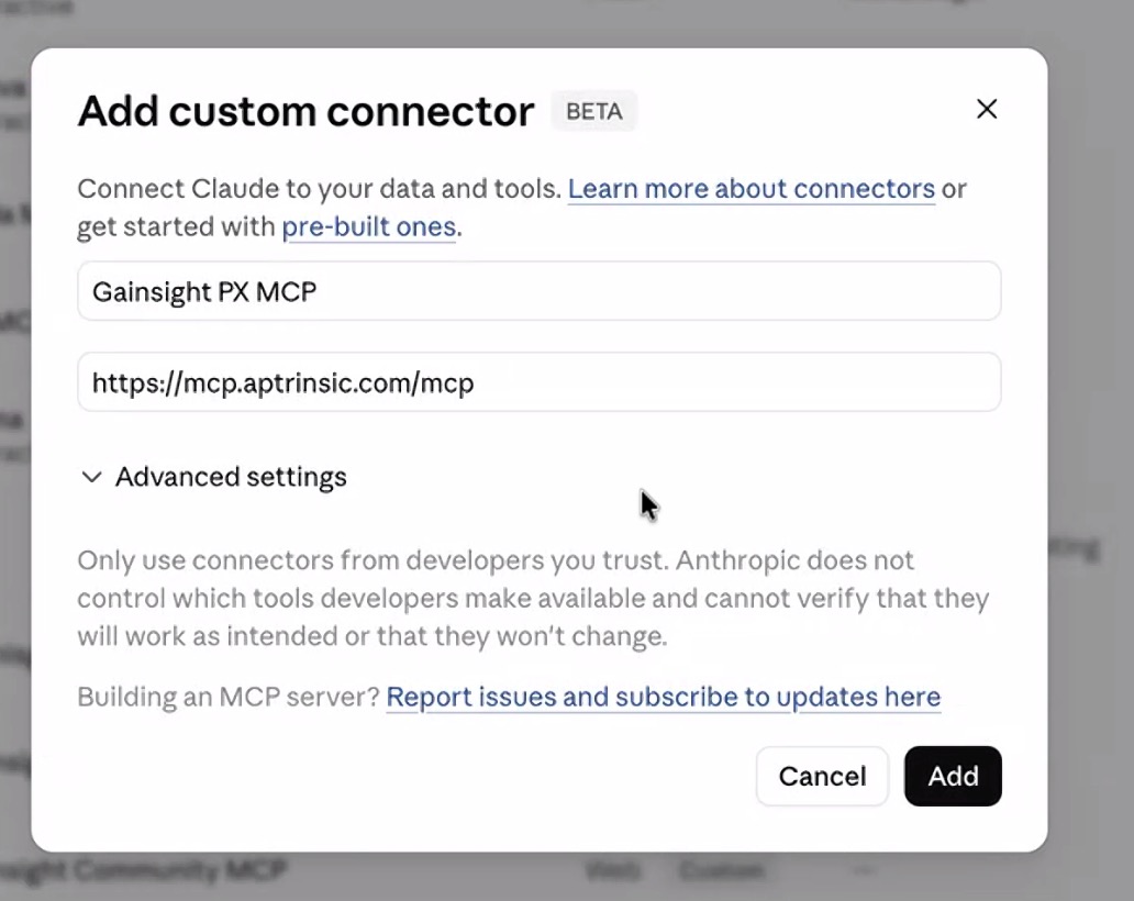 Add custom connector dialog showing configuration fields for connector name and MCP server URL in Claude organization settings.