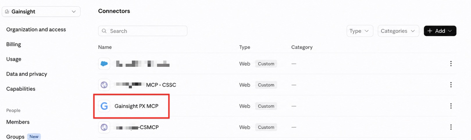 Connectors library displaying Gainsight PX MCP added as a custom web connector in organization settings.